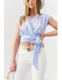 Kurze Umschlagbluse mit Bindeband, blau 02044 - Online-Shop - Boutique